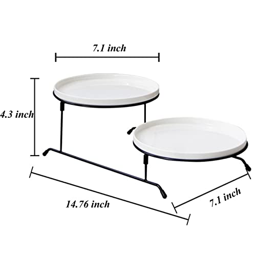 2 Tier Serving Tray Stand with 2 White Porcelain Serving Platters Collapsible Detachable Tiered Round Serving Platter Two Layer Serving Tray for Party Entertaining Food Display Fruit Dessert Cake