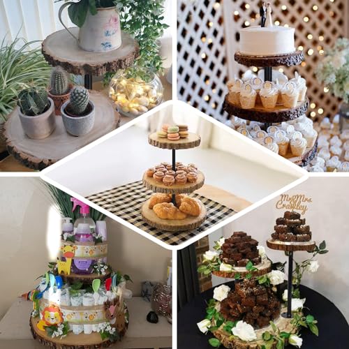 Efavormart 14" Tall | 3 Tier Rustic Wood Slice Cupcake Stand, Natural Wooden Cake Stand Dessert Display with Metal Poles