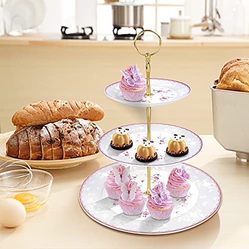 fanquare Pink Rose 3 Tier Porcelain Cupcake Stand, Floral Round Fruit Display Stand, Dessert Tower Tray for Wedding, Birthday and Tea Party
