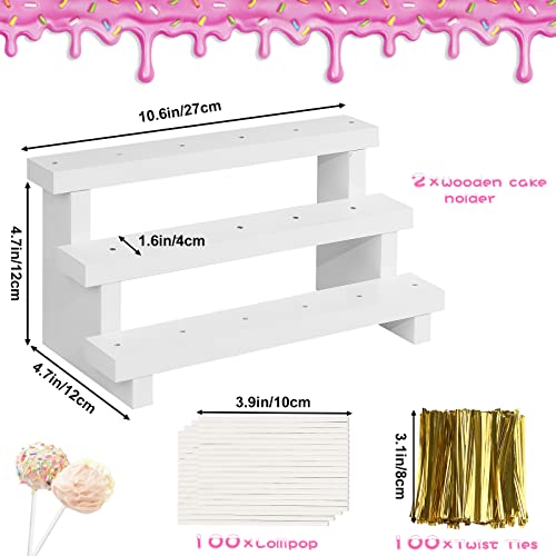 KHayRovies 2 Pcs Wood Cake Pop Display Stand, White Lollipop Holder 3 Tier with Twist Ties Lollipop Sticks, 17 Holes Sucker Storage Rack for Dessert Table of Wedding Birthday Party Christmas Day (A)