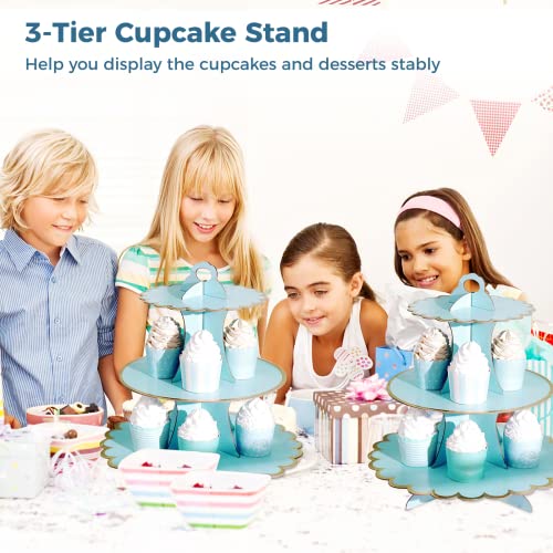 YHomU 3-Tier Party Cupcake Stand, Cardboard Cake Holder Round Dessert Display Tower Party Decorative Stand, Stable Serving Stand for Weddings, Birthdays, Parties