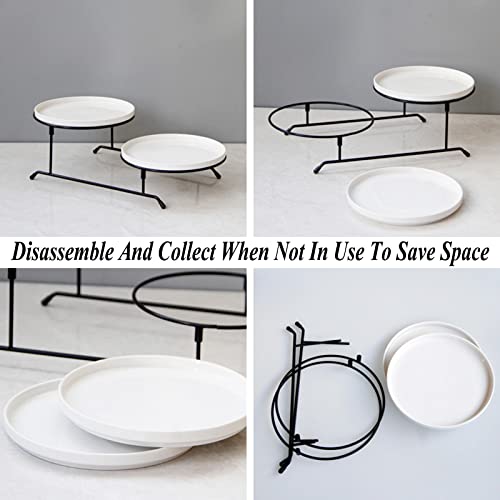 2 Tier Serving Tray Stand with 2 White Porcelain Serving Platters Collapsible Detachable Tiered Round Serving Platter Two Layer Serving Tray for Party Entertaining Food Display Fruit Dessert Cake