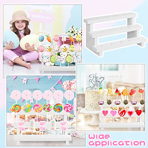 KHayRovies 2 Pcs Wood Cake Pop Display Stand, White Lollipop Holder 3 Tier with Twist Ties Lollipop Sticks, 17 Holes Sucker Storage Rack for Dessert Table of Wedding Birthday Party Christmas Day (A)