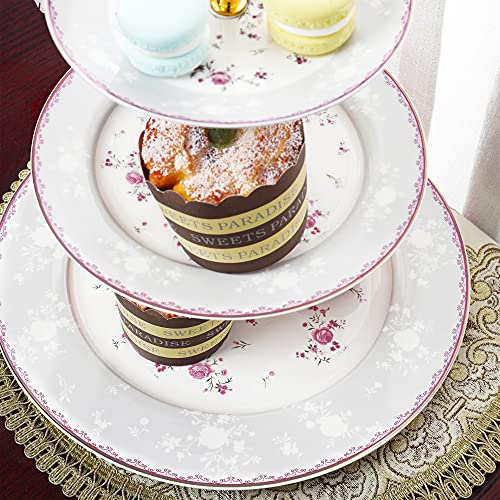 fanquare Pink Rose 3 Tier Porcelain Cupcake Stand, Floral Round Fruit Display Stand, Dessert Tower Tray for Wedding, Birthday and Tea Party