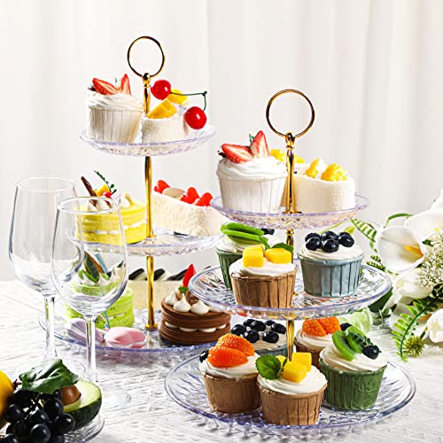 8 Packs 3 Tier Crystal Acrylic Clear Cake Stand with Gold Round Holder Acrylic Cupcake Stand Holder for Home Wedding Holiday Birthday Baby Shower Tea Party