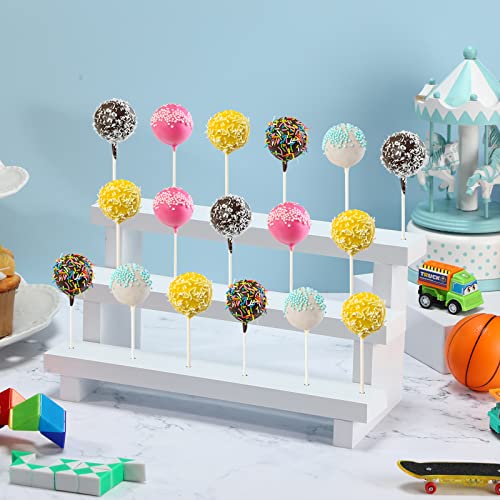 Geetery 4 Pcs Cake Pop Stand Cake Pop Holder 3 Tier Wood Lollipop Holder 17 Hole Sucker Collapsible Lollipop Stand for Dessert Table Wedding Birthday Party Fit 0.16 in 4 mm Lollipop Sticks (White)