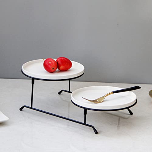 2 Tier Serving Tray Stand with 2 White Porcelain Serving Platters Collapsible Detachable Tiered Round Serving Platter Two Layer Serving Tray for Party Entertaining Food Display Fruit Dessert Cake