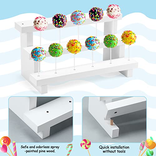 Geetery 4 Pcs Cake Pop Stand Cake Pop Holder 3 Tier Wood Lollipop Holder 17 Hole Sucker Collapsible Lollipop Stand for Dessert Table Wedding Birthday Party Fit 0.16 in 4 mm Lollipop Sticks (White)