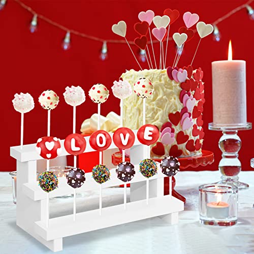 KHayRovies 2 Pcs Wood Cake Pop Display Stand, White Lollipop Holder 3 Tier with Twist Ties Lollipop Sticks, 17 Holes Sucker Storage Rack for Dessert Table of Wedding Birthday Party Christmas Day (A)