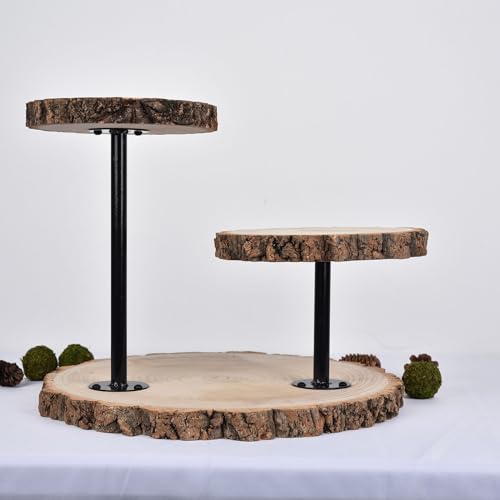 Efavormart 14" Tall | 3 Tier Rustic Wood Slice Cupcake Stand, Natural Wooden Cake Stand Dessert Display with Metal Poles