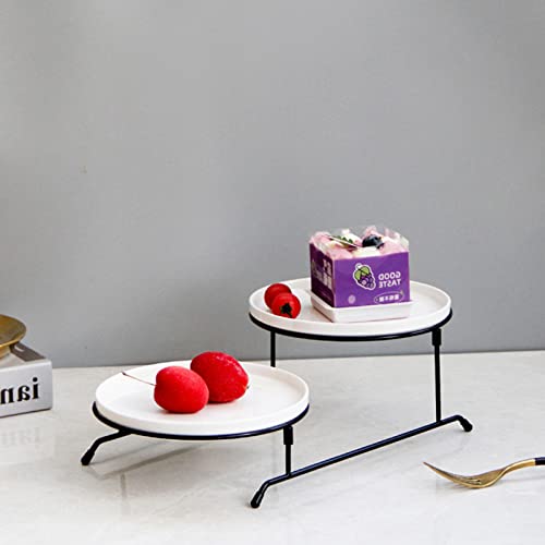2 Tier Serving Tray Stand with 2 White Porcelain Serving Platters Collapsible Detachable Tiered Round Serving Platter Two Layer Serving Tray for Party Entertaining Food Display Fruit Dessert Cake