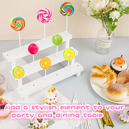 KHayRovies 2 Pcs Wood Cake Pop Display Stand, White Lollipop Holder 3 Tier with Twist Ties Lollipop Sticks, 17 Holes Sucker Storage Rack for Dessert Table of Wedding Birthday Party Christmas Day (A)