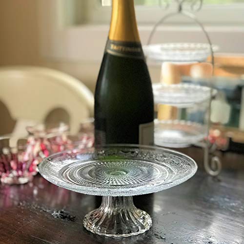 Crosby Street Cake Stand, Pedestal Plate, Vintage Style, Crystal Clear Glass, Distinct All Over Pattern, 7 Inch Diameter