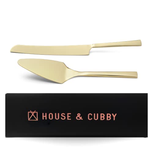 House & Cubby Cake Knife and Server Set - Champagne Gold Cake Cutting Set for Anniversary, Engagement, Birthday Parties - Elegant Wedding Cake Knife & Cake Serving Set - Perfect Registry Gift