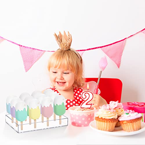 Gejoy 2 Pcs Cakesicle Stand Display Acrylic Cake Pop Stand Reusable Cake Pop Holder Clear Lollipop Holder and 100 Pcs Wood Ice Cream Sticks for Birthday Wedding Baby Shower Parties Dessert Table