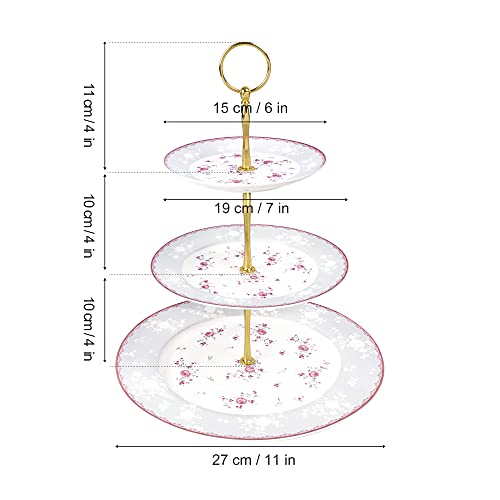 fanquare Pink Rose 3 Tier Porcelain Cupcake Stand, Floral Round Fruit Display Stand, Dessert Tower Tray for Wedding, Birthday and Tea Party