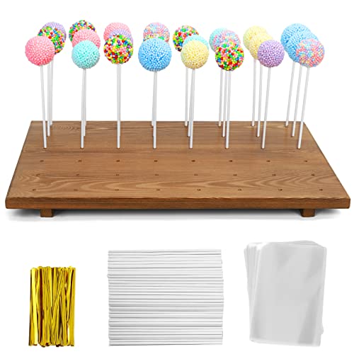 Relaxing Garden Wood Cake Pop Stand /w 300 Pcs Cake Pop Sticks and Wrappers - 48 Holes Cake Pop Holder Stand for Dessert Table- Lollipop Holder for Birthdays, Baby Shower, Weddings or Any Events.