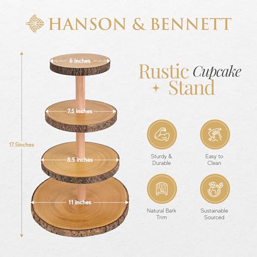 Hanson and Bennett Wooden Cupcake Stand - Smooth, Finished Rustic Cupcake Stand for Wedding and Baby Shower, Elegant Wood Cup Cake Stand Display Tower and Holder, 4 Tier Wood Slice Tray Decorations
