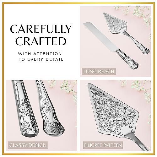 Orblue Wedding Cake Knife and Server Set - Premium, Beautifully Engraved Cutting Set - Elegant Keepsake for Newlyweds Silver