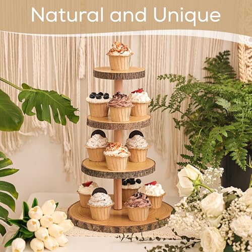 Hanson and Bennett Wooden Cupcake Stand - Smooth, Finished Rustic Cupcake Stand for Wedding and Baby Shower, Elegant Wood Cup Cake Stand Display Tower and Holder, 4 Tier Wood Slice Tray Decorations