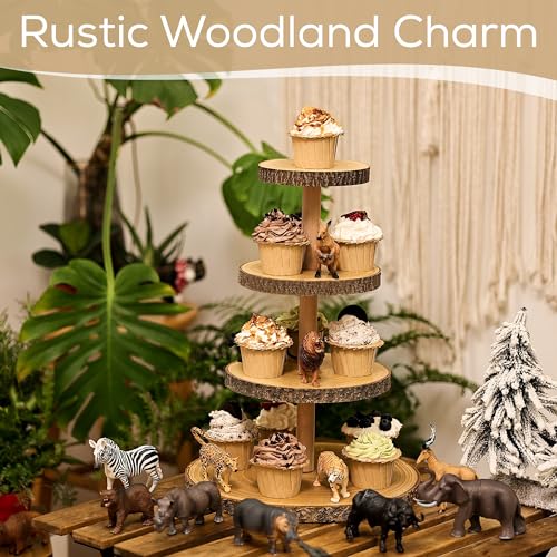 Hanson and Bennett Wooden Cupcake Stand - Smooth, Finished Rustic Cupcake Stand for Wedding and Baby Shower, Elegant Wood Cup Cake Stand Display Tower and Holder, 4 Tier Wood Slice Tray Decorations