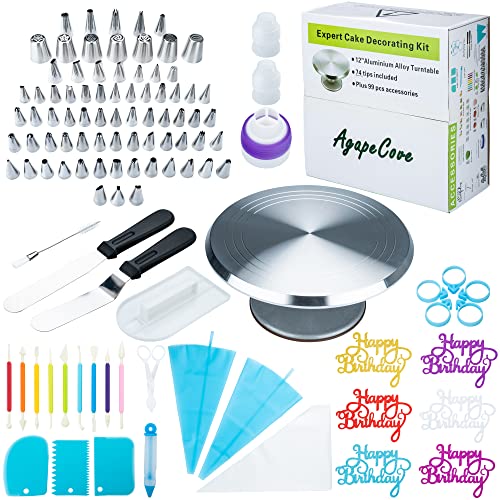 Cake Decorating Kit - 174 Pcs Set with 12" Rotating Cake Turntable, 74 Piping Tips, Plus Icing Spatula, Piping Bags, Bday Flags, & More - Complete Cake Decoration Tool Kit for Bakers