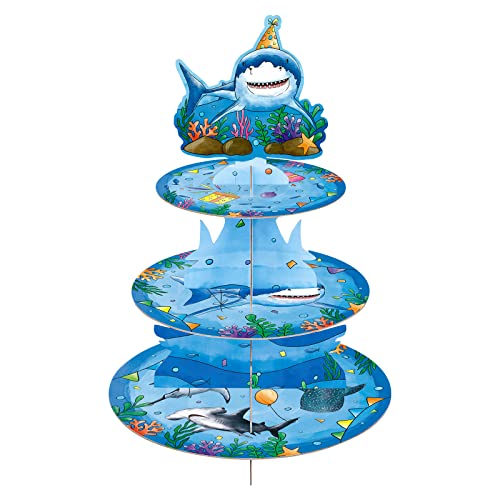 Shark Cupcake Stand - Shark Birthday Party Decorations for Boys Kids 3-Tier Cardboard Cake Stand Cupcake Holder Dessert Tower Rounding Serving Tray Stand Baby Shower Ocean Theme Party Supplies