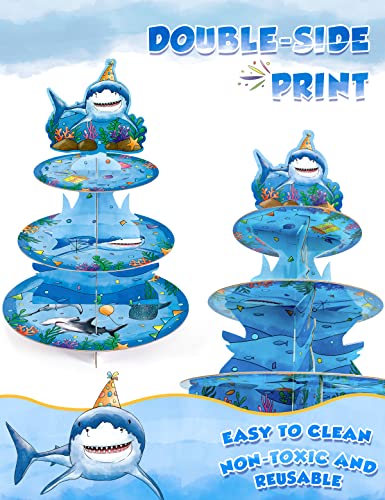 Shark Cupcake Stand - Shark Birthday Party Decorations for Boys Kids 3-Tier Cardboard Cake Stand Cupcake Holder Dessert Tower Rounding Serving Tray Stand Baby Shower Ocean Theme Party Supplies