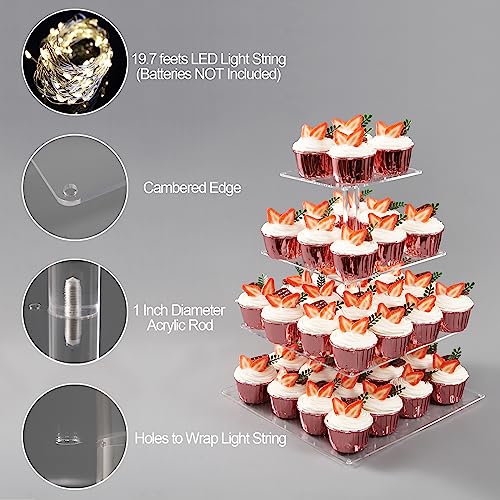 Yumhouse Cupcake Stand for 50 Cupcakes,4-Tier Acrylic Cupcake Tower Holder,Cupcake Holder,Dessert Stands with LED Light String for Cupcake Display,Wedding,Birthday,Baby Shower