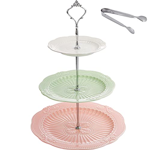 Bekith 3-Tier Porcelain Cupcake Stand with Silver Carry Handle, Tiered Serving Dessert Stand, 3 Colors Ceramic Embossed Cake Tower Stand, Pastry Serving Tray Platter for Tea Party, Wedding, Birthday