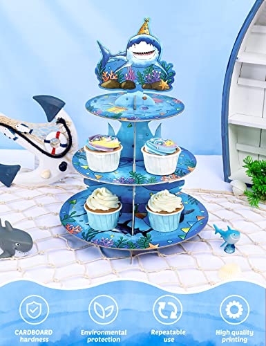 Shark Cupcake Stand - Shark Birthday Party Decorations for Boys Kids 3-Tier Cardboard Cake Stand Cupcake Holder Dessert Tower Rounding Serving Tray Stand Baby Shower Ocean Theme Party Supplies