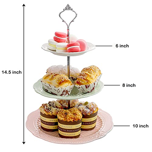 Bekith 3-Tier Porcelain Cupcake Stand with Silver Carry Handle, Tiered Serving Dessert Stand, 3 Colors Ceramic Embossed Cake Tower Stand, Pastry Serving Tray Platter for Tea Party, Wedding, Birthday