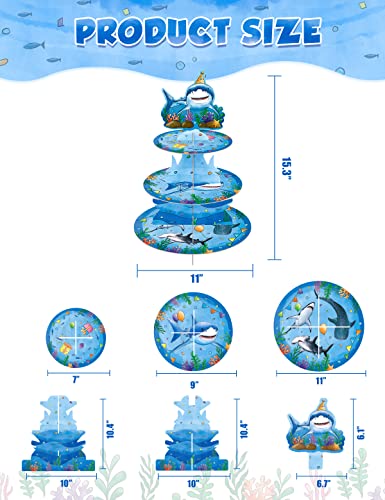 Shark Cupcake Stand - Shark Birthday Party Decorations for Boys Kids 3-Tier Cardboard Cake Stand Cupcake Holder Dessert Tower Rounding Serving Tray Stand Baby Shower Ocean Theme Party Supplies