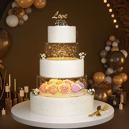 2PCS Clear Acrylic Cake Stand, Fillable Cake Box Riser Cake Tier, Round Cake Display Box with Lid, Decorative Centerpiece Box for Wedding Birthday Party (2pcs, 10" Dx4” H; 6" Dx4” H, 2M LED Lights)
