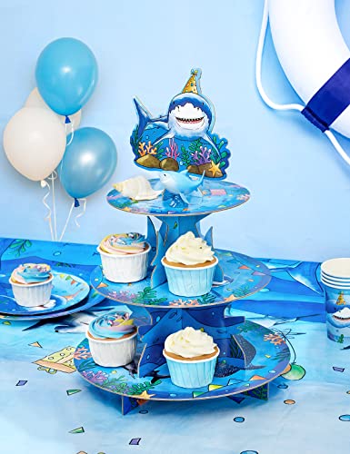 Shark Cupcake Stand - Shark Birthday Party Decorations for Boys Kids 3-Tier Cardboard Cake Stand Cupcake Holder Dessert Tower Rounding Serving Tray Stand Baby Shower Ocean Theme Party Supplies