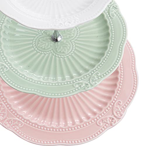 Bekith 3-Tier Porcelain Cupcake Stand with Silver Carry Handle, Tiered Serving Dessert Stand, 3 Colors Ceramic Embossed Cake Tower Stand, Pastry Serving Tray Platter for Tea Party, Wedding, Birthday