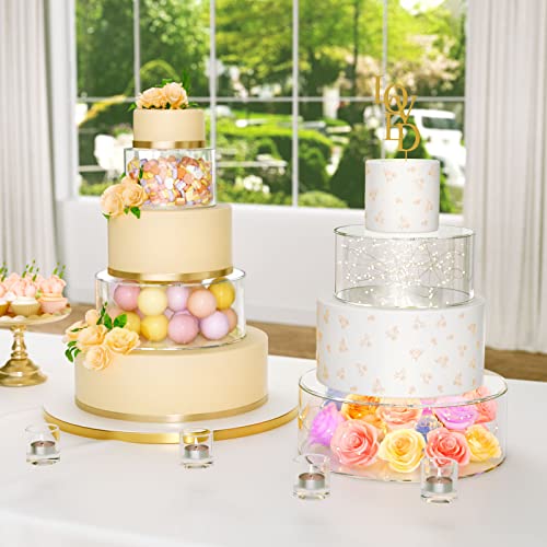 2PCS Clear Acrylic Cake Stand, Fillable Cake Box Riser Cake Tier, Round Cake Display Box with Lid, Decorative Centerpiece Box for Wedding Birthday Party (2pcs, 10" Dx4” H; 6" Dx4” H, 2M LED Lights)