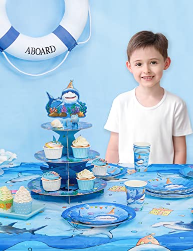 Shark Cupcake Stand - Shark Birthday Party Decorations for Boys Kids 3-Tier Cardboard Cake Stand Cupcake Holder Dessert Tower Rounding Serving Tray Stand Baby Shower Ocean Theme Party Supplies