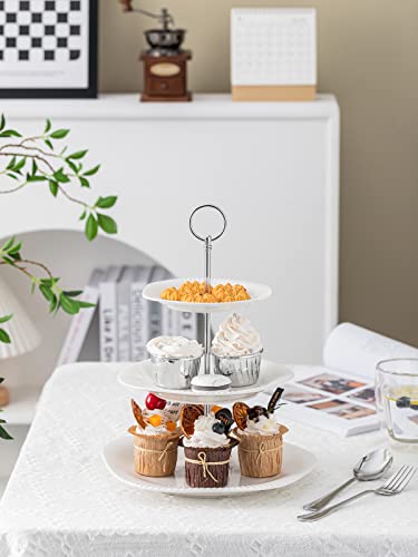 Kanwone 3-Tier Porcelain Cupcake Stand, Tiered Serving Stand, Dessert Stand, Serving Tray Platter for Tea Party Wedding Baby Shower Buffet Server, White