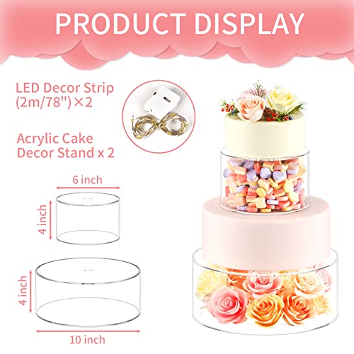 2PCS Clear Acrylic Cake Stand, Fillable Cake Box Riser Cake Tier, Round Cake Display Box with Lid, Decorative Centerpiece Box for Wedding Birthday Party (2pcs, 10" Dx4” H; 6" Dx4” H, 2M LED Lights)