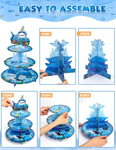 Shark Cupcake Stand - Shark Birthday Party Decorations for Boys Kids 3-Tier Cardboard Cake Stand Cupcake Holder Dessert Tower Rounding Serving Tray Stand Baby Shower Ocean Theme Party Supplies