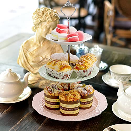 Bekith 3-Tier Porcelain Cupcake Stand with Silver Carry Handle, Tiered Serving Dessert Stand, 3 Colors Ceramic Embossed Cake Tower Stand, Pastry Serving Tray Platter for Tea Party, Wedding, Birthday
