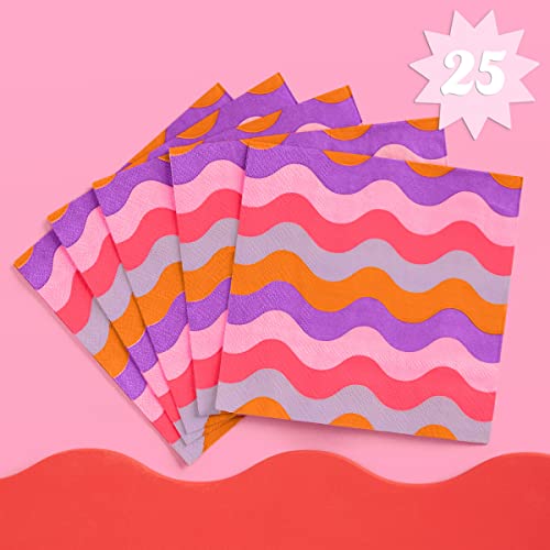 xo, Fetti Birthday Party Wavy Cocktail Napkins - 3-ply, 25 pcs | Bachelorette Party Decorations, Groovy 70s Decor, Bday Supplies
