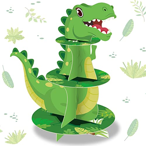 3 Tier Dinosaur Cupcake Stand Party Decorations Dinosaur Theme Cupcake Holder Decorations Dinosaur Dessert Tower for Kids Boys Dinosaur Jungle Theme Party Birthday Supplies (Green)