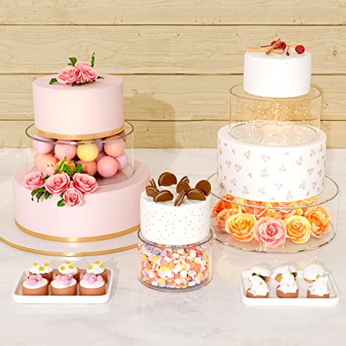 2PCS Clear Acrylic Cake Stand, Fillable Cake Box Riser Cake Tier, Round Cake Display Box with Lid, Decorative Centerpiece Box for Wedding Birthday Party (2pcs, 10" Dx4” H; 6" Dx4” H, 2M LED Lights)