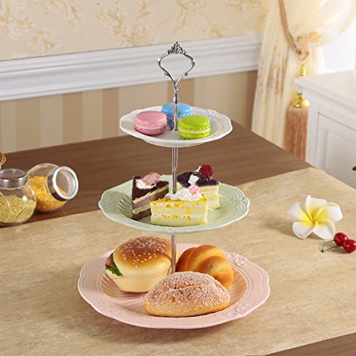Bekith 3-Tier Porcelain Cupcake Stand with Silver Carry Handle, Tiered Serving Dessert Stand, 3 Colors Ceramic Embossed Cake Tower Stand, Pastry Serving Tray Platter for Tea Party, Wedding, Birthday