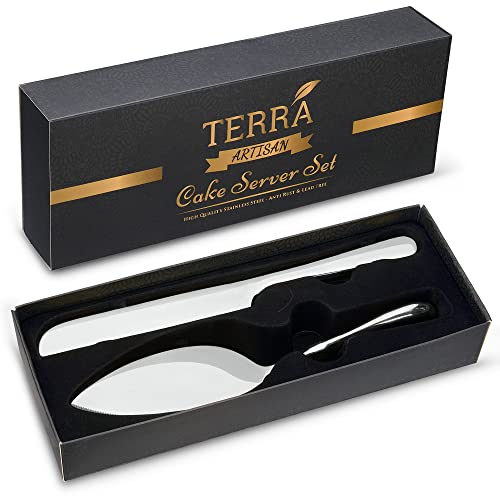 Terra Artisan Wedding Knife Server Set (2 Pieces), Stainless Steel, Comes with Silver Cake Knife and Matching Server, Perfect For Weddings, Birthdays, Cake Cutting Set Comes in a giftable box.