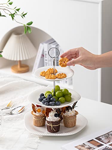 Kanwone 3-Tier Porcelain Cupcake Stand, Tiered Serving Stand, Dessert Stand, Serving Tray Platter for Tea Party Wedding Baby Shower Buffet Server, White