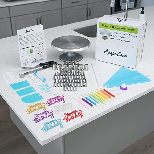 Cake Decorating Kit - 174 Pcs Set with 12" Rotating Cake Turntable, 74 Piping Tips, Plus Icing Spatula, Piping Bags, Bday Flags, & More - Complete Cake Decoration Tool Kit for Bakers