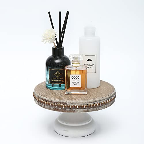 dwellington White Wash Round Display Wood Riser, 8.25” Shabby Chic Pedestal Tray Decor with Beads, Farmhouse Display Stands for Coffee Bar, Bathroom, Kitchen Island